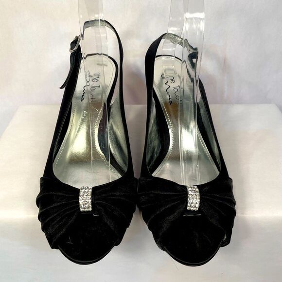 Elegant Satin Black Peep-Toe Heels with Rhinestones EUC Size 10 - Picture 1 of 7
